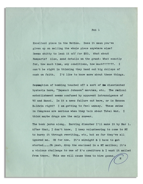 Hunter Thompson Letter From 1966 on the Vietnam War -- ''...These swine in Congress are serious when they talk about Total War. I think maybe drugs are the only answer...''
